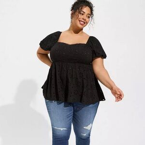torrid Black Eyelet Puff-Sleeve Square Neck Peplum Top